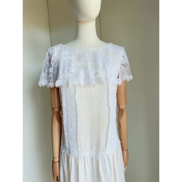 VTG 80s Jessica McClintock Silk Dress Cream White Lace Modern SZ 6-8 Coquette - Picture 12 of 14